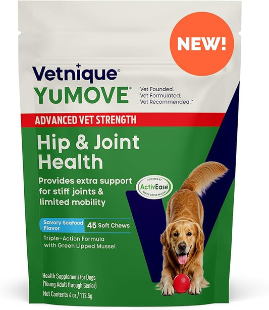 Yumove Hip & Joint Supplement for Dogs with Glucosamine, Hyaluronic Acid, Green Lipped Mussel & Omega 3 Joint Supplement - Regular or Advanced Strength (45 Count, Advanced Vet Strength Soft Chews)