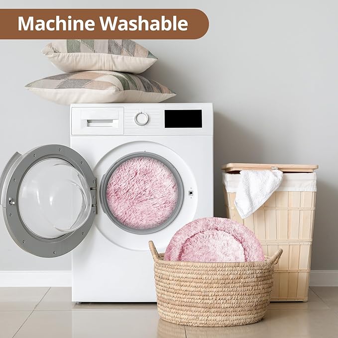 JOLLYVOGUE Calming Small Dog & Cat Bed for Indoor Cats - 20 inches Washable Donut Bed for Kittens & Puppies, Anti-Anxiety Round Fluffy Plush Pet Beds (Fits up to 15 lbs, Smoke Pink)