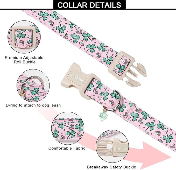 Lionet Paws St. Patrick Dog Collar- Rainbow Clover Pink Dog Collars with Plastic Buckle, Light Adjustable Dogs Collars with Clover Pendant for Medium Dogs