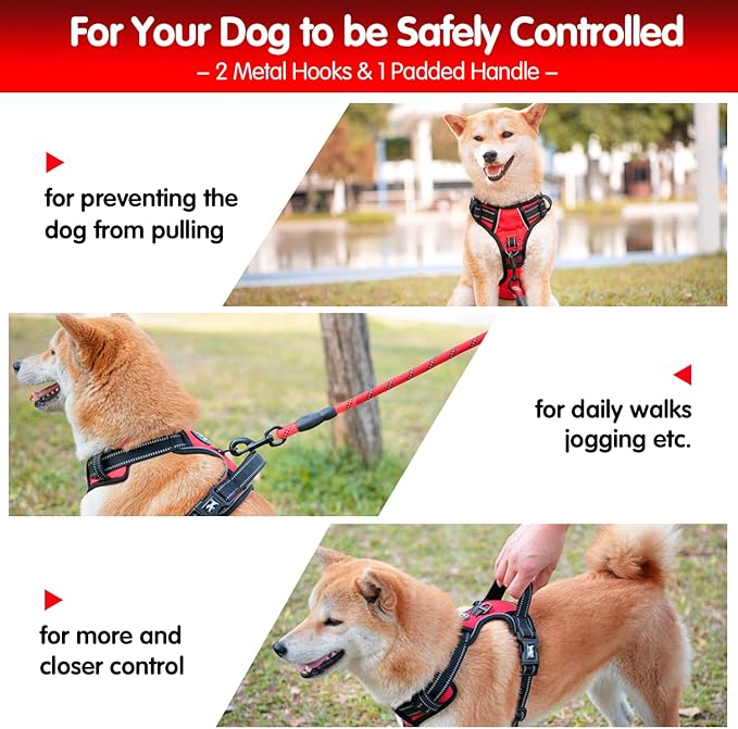 PoyPet Dog Harness and Leash Combo, Escape Proof No Pull Vest Harness, with 5 Feet Leash, Reflective Adjustable Soft Padded Pet Harness with Handle for Small to Large Dogs(Red,S)