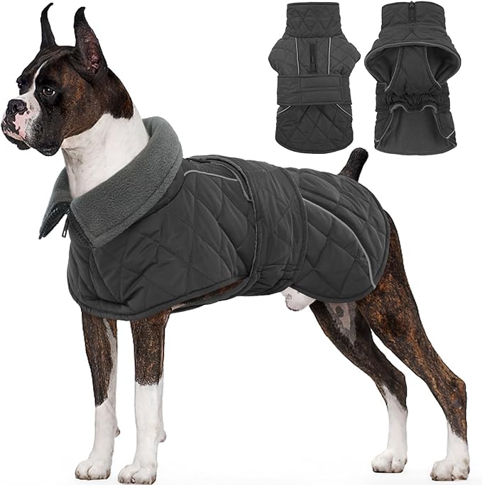 Kuoser Extra Warm Dog Coat, Windproof Cold Weather Dog Jackets for Large Dogs, Thick Fleece Lining Pet Turtleneck Snowsuit Reflective Adjustable Puppy Winter Coat Doggie Snow Jacket Grey, XL