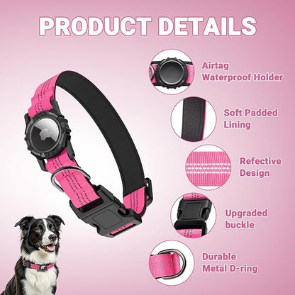 HDDTTZ AirTag Dog Collar, IP68 Waterproof Integrated Air Tag Dog Collars with Reflective, Ultra-Durable, Comfortable Padded, Heavy Duty Dog Collars for Small Medium Large Dogs, M (12.6"-17.1"), Pink