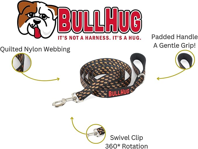 BULLHUG 6 FT Bulldog Leash with Padded Handle. Perfect for Bulldogs, French Bulldogs, Pugs & All Breeds. Leashes for Walking, Training Lead for Bulldogs (Hot Dog)