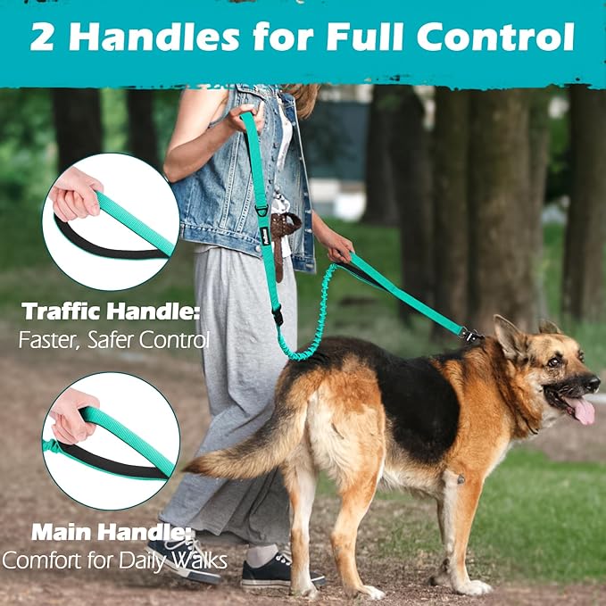 PetBonus Heavy Duty Tactical Dog Leash, 5 FT Bungee Shock Absorption Leash with 2 Padded Handles, Quick Release Metal Clip, Car Seatbelt, No Pull Training Lead for Large Medium Dogs（Turquoise）
