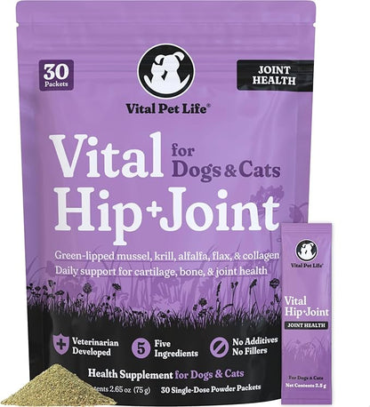 Vital Pet Life Green Lipped Mussel & Krill Powder, Hip & Joint Supplement for Dogs and Cats, Dog Joint Supplement, Mobility, Inflammation Defense, Collagen for Dogs, Veterinarian Developed, 30 packets