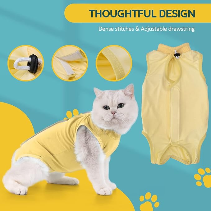 Avont Cat Recovery Suit - Kitten Onesie for Cats After Surgery, Cone of Shame Alternative Surgical Spay Suit for Female Cat, Post-Surgery or Skin Diseases Protection -Yellow(S)