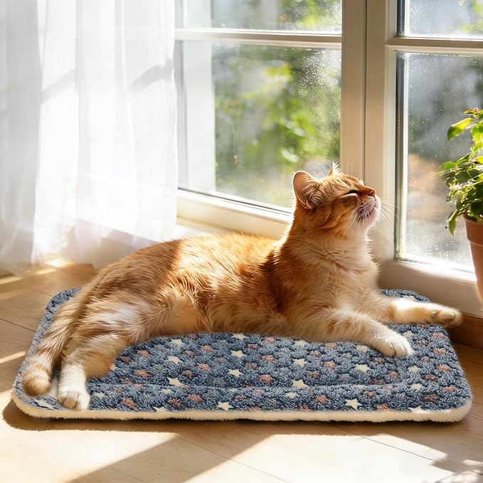 Mora Pets Cat Bed Dog Crate Pad Ultra Soft Pet Bed with Cute Star Print Washable Crate Mat for Small Dogs and Indoor Cats Reversible Fleece Kennel Pad Cat Carrier Mat 14 x 17.5 inch Dark Blue