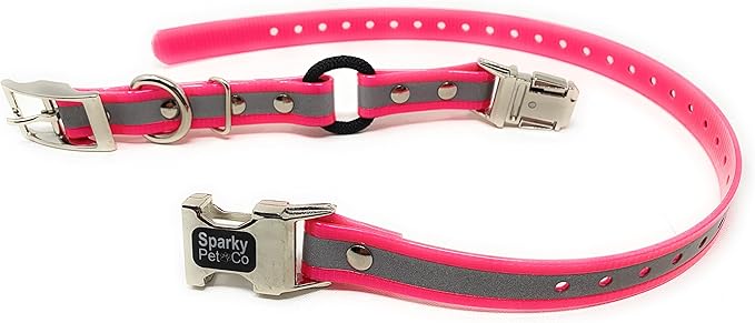 Sparky Pet Co - Zeus ECollar Replacement Strap - Bungee Loop Dog Collar - Waterproof Biothane - Adjustable - Double Buckle - Quick Snap Metal Clasp - Invisible Fence Systems - 3/4" x 28" Pink Refl