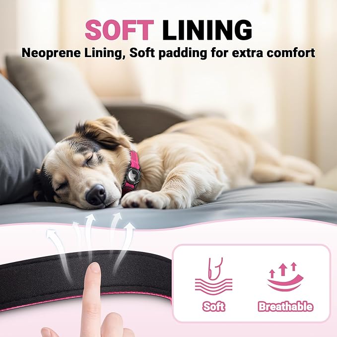 HDDTTZ AirTag Dog Collar and Leash, IP68 Waterproof Integrated with Reflective, Ultra-Durable, Comfortable Padded, Heavy Duty Dog Collars for Small Medium Large Dogs, L (14.8"-20.3"), Pink