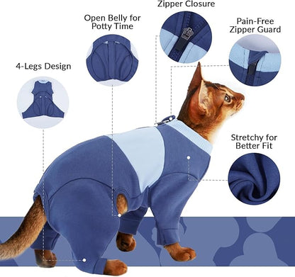 QBLEEV Cat Clothes, Soft Cat Sweaters for Cats Only, Kitten Surgery Recovery Suit Onesie Pajamas, Four Legs Cats Shirts Apparel Clothing for Hair Loss Prevention, Blue, L