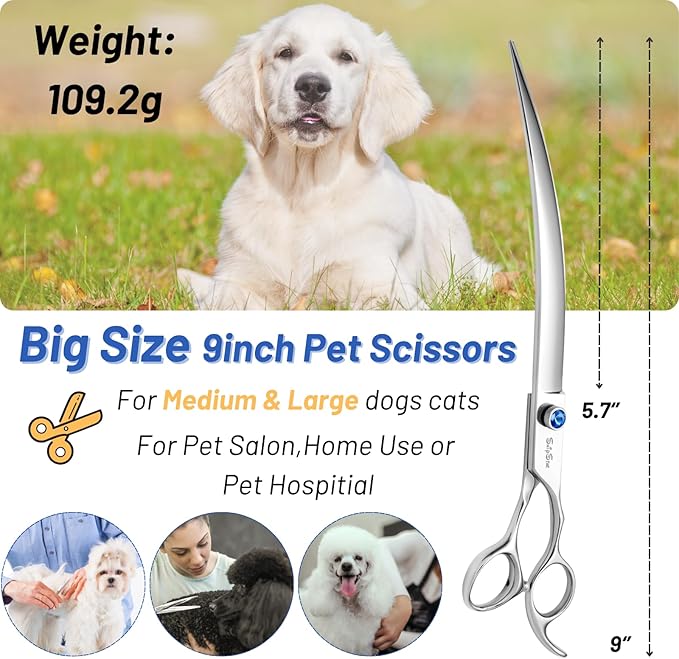 9inch Curved Dog Grooming Scissors Professional, VG10 Stainless Steel Sharp Dog Scissors for Grooming, 30° Bend Ergonomic Pet Trimming Shears for Dogs Cats Groomer, Heavy Duty with CNC Screw Blunt Tip