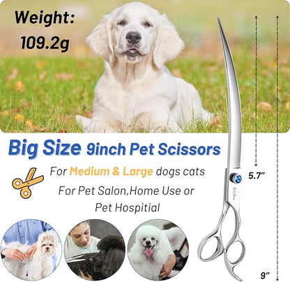 9inch Curved Dog Grooming Scissors Professional, VG10 Stainless Steel Sharp Dog Scissors for Grooming, 30° Bend Ergonomic Pet Trimming Shears for Dogs Cats Groomer, Heavy Duty with CNC Screw Blunt Tip