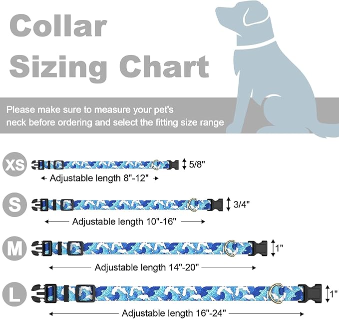 Rnivvi Dog Collar for Large Dogs, Cute Heavy Duty Adjustable Puppy Collar with Quick Release Buckle for Boy Girl & Female, Pet Accessories for Walking Running, L Length 1" Width, Japanese Style Wave