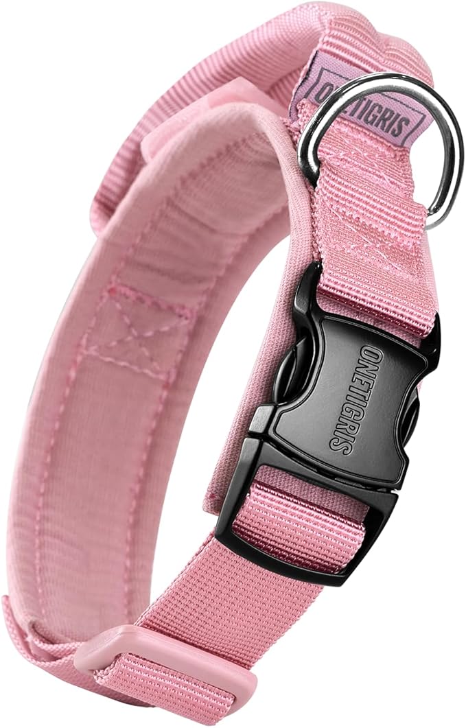 OneTigris Tough Dog Collars, Tactical Dog Collar with Handle, Milltary Adjustable Dog Collar with Heavy Duty Metal Buckle for Training (Pink, S)