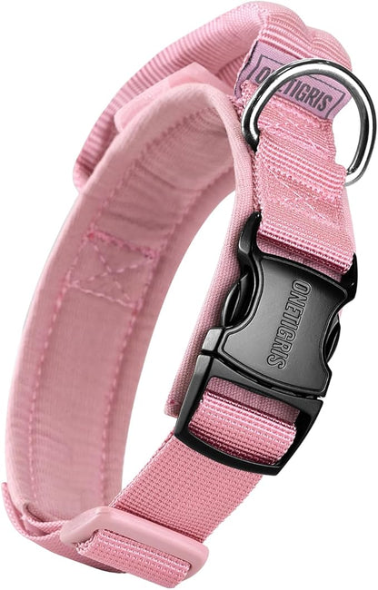 OneTigris Tough Dog Collars, Tactical Dog Collar with Handle, Milltary Adjustable Dog Collar with Heavy Duty Metal Buckle for Training (Pink, S)