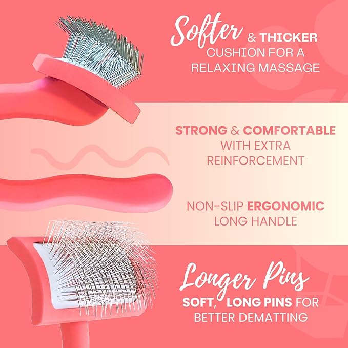 Pet Slicker Brush With Soft Massage Grooming Stainless Steel Pins - For Dematting, Shedding Fur, and Undercoat - Ideal Gift for Professional Pet Groomers - Long Slicker Brush (Coral, Curved Medium)