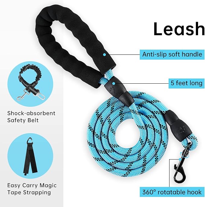 IVY&LANE No Pull Dog Harness for Medium Dogs, Dog Vest Harness with Leash, Safety Belt and Storage Strap, Fully Adjustable, 360° Reflective Strip, Soft Handle (Blue, M)