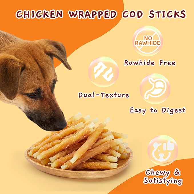 Jungle Calling Rawhide Free Dog Treats, Chicken Wrapped Cod Sticks for Dogs, Easily Digestible Long Lasting Dog Chews, Soft Dog Treats for Training Small Medium Dogs, 1.32 lb