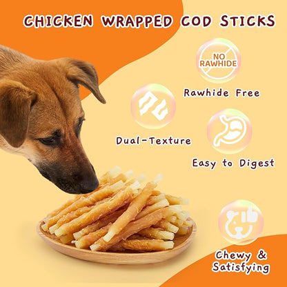 Jungle Calling Rawhide Free Dog Treats, Chicken Wrapped Cod Sticks for Dogs, Easily Digestible Long Lasting Dog Chews, Soft Dog Treats for Training Small Medium Dogs, 1.32 lb