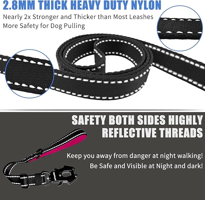 Strong Heavy Duty Dog Leash - Adjustable 15"-18" Reflective Nylon Training Leash with Padded Handle & Frog Clip, Traffic Control for Large Medium Dogs No Pull Walking Black Pink