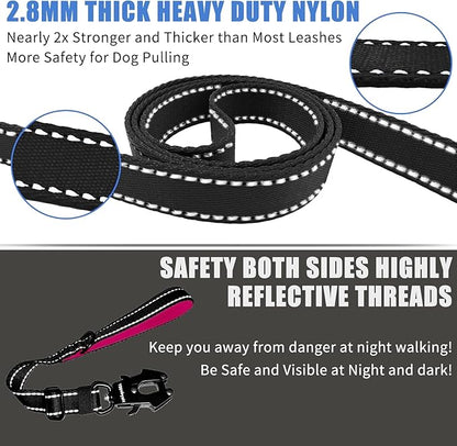 Strong Heavy Duty Dog Leash - Adjustable 15"-18" Reflective Nylon Training Leash with Padded Handle & Frog Clip, Traffic Control for Large Medium Dogs No Pull Walking Black Pink