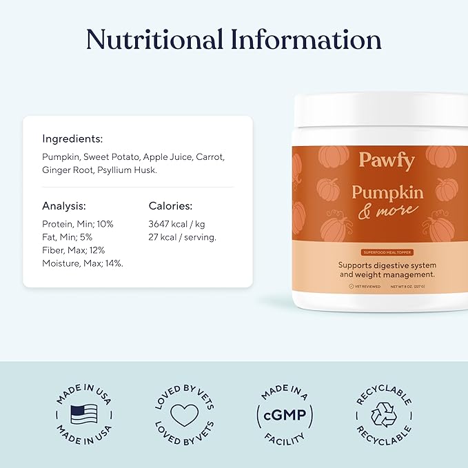 Pawfy Pumpkin for Dogs - Natural Fiber Supplement | Organic Pumpkin Powder for Dogs with Digestive Support | Supports Stomach Healthy Digestion - 100% Pumpkin Puree Fiber