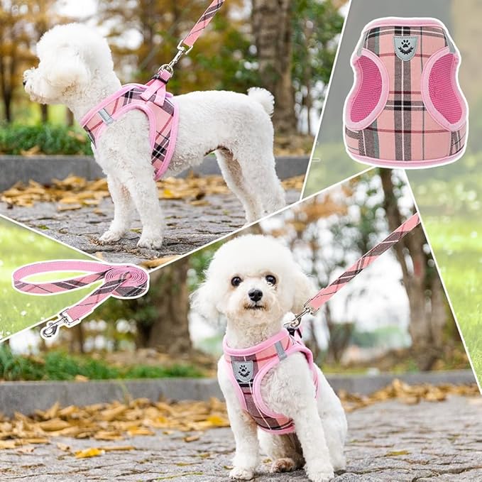 KOOLTAIL Small Dog Harness and Lead Set, Soft Mesh Plaid Puppy Harness with Safety Buckle, Adjustable & Comfortable Padded Reflective Vest for Puppies and Small Breeds Dogs Walking,Pink,X-Small