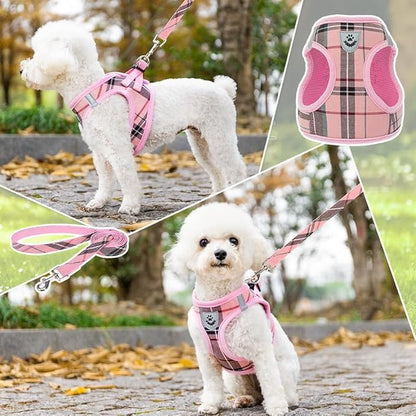 KOOLTAIL Small Dog Harness and Lead Set, Soft Mesh Plaid Puppy Harness with Safety Buckle, Adjustable & Comfortable Padded Reflective Vest for Puppies and Small Breeds Dogs Walking,Pink,X-Small