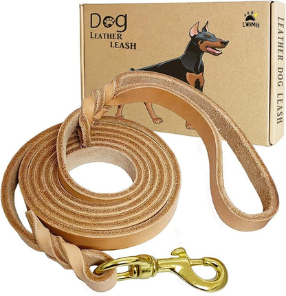 LWBMG Leather Dog Leash - 6ft x 1/2 inch Heavy Duty, Braided, Comfortable for Large, Medium & Small Dogs - Training Tan