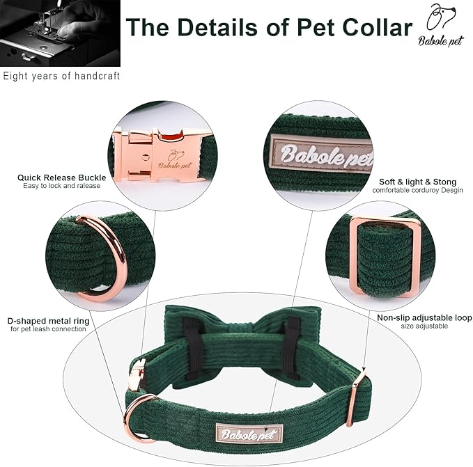 Green Dog Collars for Medium Dog,Cute Corduroy Dog Collar with Bow Tie Safety Metal Buckle Adjustable Puppy Collars for Small Medium Large Boy&Girl Dogs,M-Neck 13.5"-22"