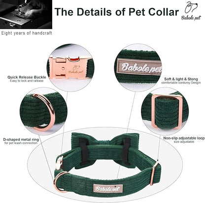 Green Dog Collars for Small Dog,Cute Corduroy Dog Collar with Bow Tie Safety Metal Buckle Adjustable Puppy Collars for Small Medium Large Boy&Girl Dogs,S-Neck 10"-16"