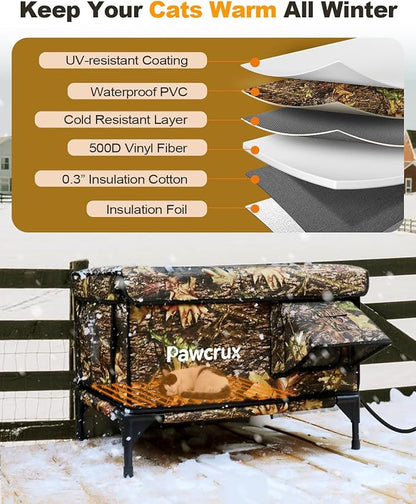 Weatherproof Heated Cat House for Outdoor in Winter, Heated Cat Bed Kitty Shelter with Cat Heating Pad, Insulated & Safe Escape Door, Warm House for Outside Stray Cat (Leaf Color, 17"x25"x17")