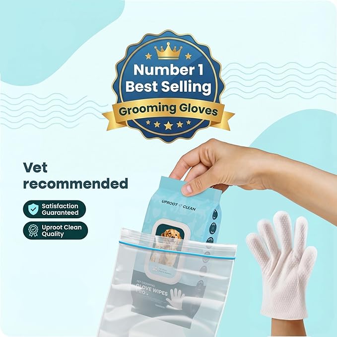 Uproot QuickClean Gloves Pro: Extra-Thick Pet Glove Wipes for Dogs & Cats - Easy Wipe Paws, Eyes, Ears, Butt, & Body - Lick-Safe for Cats & Dogs - Cleaning, Deodorizing & Grooming (20 Pack)