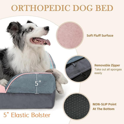 Comfort Expression Orthopedic Dog Bed for Extra Large Dogs 42x30 Inch, Waterproof Egg Crate Foam XL Pet Bed with Removable Bolsters, Dog Couch with Washable Cover & Non-Slip Bottom, Cherry Blossom