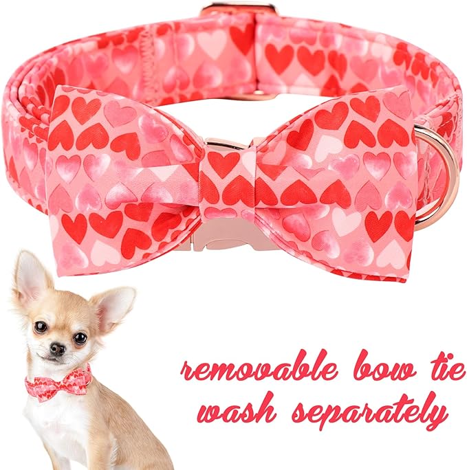 Unique Style Paws Valentine's Dog Collar with Bow Love Heart Cotton Puppy Collars Wedding for Small Medium Large Dogs
