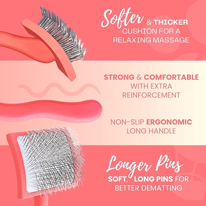 Pet Slicker Brush With Soft Massage Grooming Stainless Steel Pins - For Dematting, Shedding Fur, and Undercoat - Ideal Gift for Professional Pet Groomers - Long Slicker Brush (Coral, Curved Large)