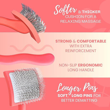 Pet Slicker Brush With Soft Massage Grooming Stainless Steel Pins - For Dematting, Shedding Fur, and Undercoat - Ideal Gift for Professional Pet Groomers - Long Slicker Brush (Coral, Curved Large)
