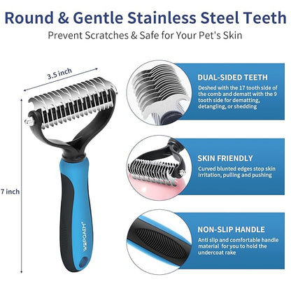 WOPQAEM Dog Brush Grooming Kit 5 PCS - Self Cleaning Slicker Brush for Shedding Short Long Haired Dogs & Cats, Includes Pet Comb, Flea Comb, Bath Brush, Undercoat Rake - Complete Fur Care Set - Blue