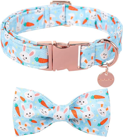 Easter Dog Collar with Bow Tie, Cotton Easter Carrot Bowtie Collar for Large Girl Boy Dog, Cute Bunny Pet Collar with Metal Buckle, Easter Gift Dog Collar, XL
