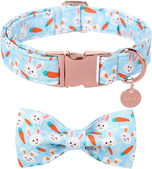 Easter Dog Collar with Bow Tie, Cotton Easter Carrot Bowtie Collar for Large Girl Boy Dog, Cute Bunny Pet Collar with Metal Buckle, Easter Gift Dog Collar, XL