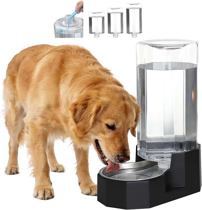 Sfozstra Large Dog Water Dispenser: 9L Automatic Black Water Feeder with Specialized Brush - Gravity Design for Multiple Pets in Garage Garden - Good for Spinal Health