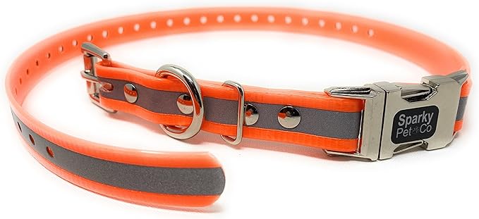 Reflective Orange E-Collar Strap by Sparky Pet Co – Adjustable 3/4” x 28” Dog Collar for Invisible Fence Systems, Waterproof Biothane, Quick Snap Metal Clasp, Durable Double Buckle Design