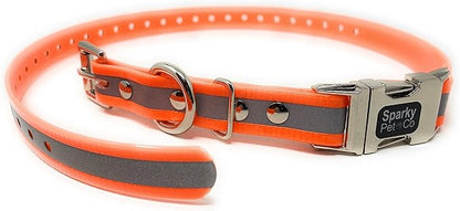 Reflective Orange E-Collar Strap by Sparky Pet Co – Adjustable 3/4” x 28” Dog Collar for Invisible Fence Systems, Waterproof Biothane, Quick Snap Metal Clasp, Durable Double Buckle Design