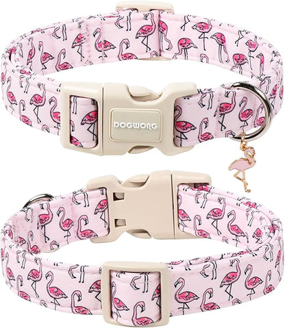 DOGWONG Cute Pet Dog Collar Pink Flamingos Cotton Dog Collar- Soft Girl Puppy Adjustable Pet Collars for Small Medium Large Dogs,XL