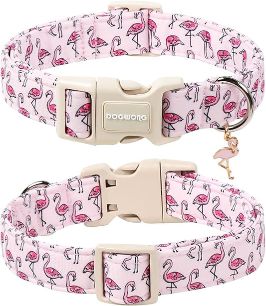 DOGWONG Cute Pet Dog Collar Pink Flamingos Cotton Dog Collar- Soft Girl Puppy Adjustable Pet Collars for Small Medium Large Dogs,XL