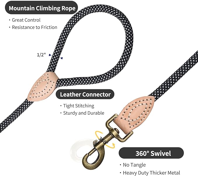 Mile High Life Dog Rope Leash 4 FT with Genuine Leather Tip, Reflective Rope Leash for Medium Large Dogs (Black, 72 Inch)