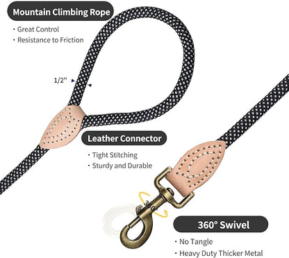 Mile High Life Dog Rope Leash 4 FT with Genuine Leather Tip, Reflective Rope Leash for Medium Large Dogs (Black, 72 Inch)