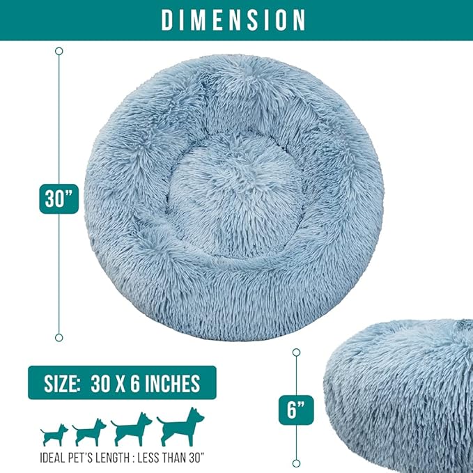 PetAmi Calming Dog Bed for Small & Medium Dogs and Cats, 30” Round Donut Dog Bed, Washable Fluffy Faux Fur Puppy & Cat Bed, Anti-Anxiety Plush Cuddler Pet Bed with Anti-Slip Bottom - Blue
