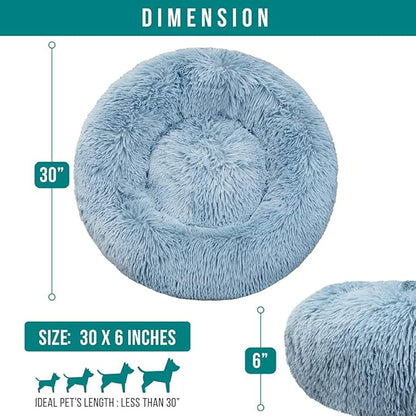 PetAmi Calming Dog Bed for Small & Medium Dogs and Cats, 30” Round Donut Dog Bed, Washable Fluffy Faux Fur Puppy & Cat Bed, Anti-Anxiety Plush Cuddler Pet Bed with Anti-Slip Bottom - Blue