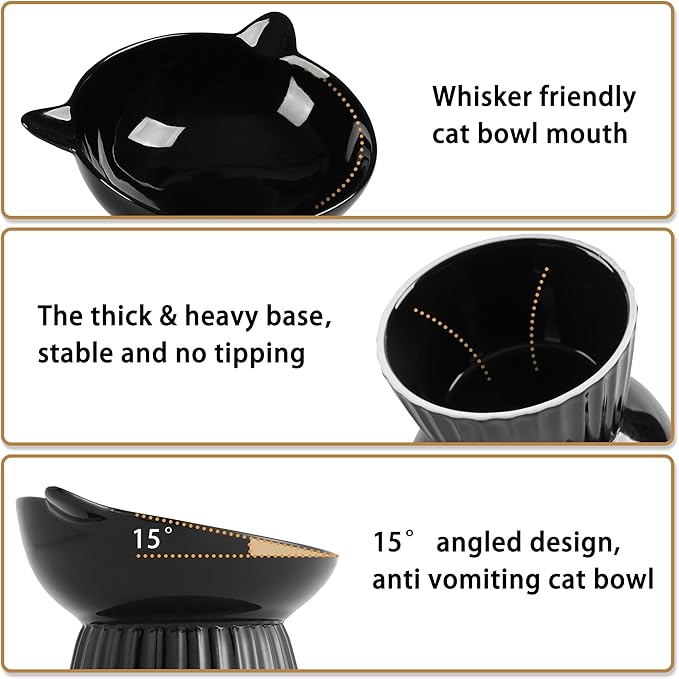 Wellbro Ceramic Raised Cat Bowl，Tilted Raised Bowl Anti Vomit for Indoor Cats Whisker Friendly Pet Feeder for Cats Puppies, Microwave and Dishwasher Safe (Black)